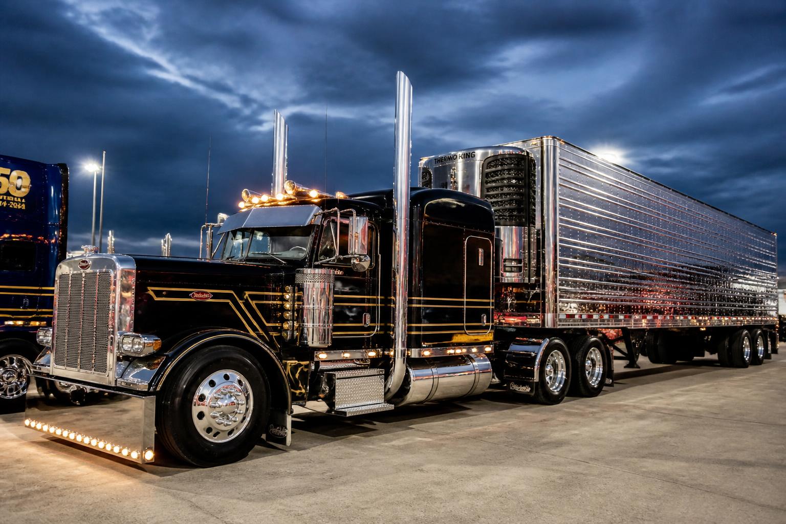 Custom Peterbilt 379 long nose show truck with painted long frame and chrome reefer trailer